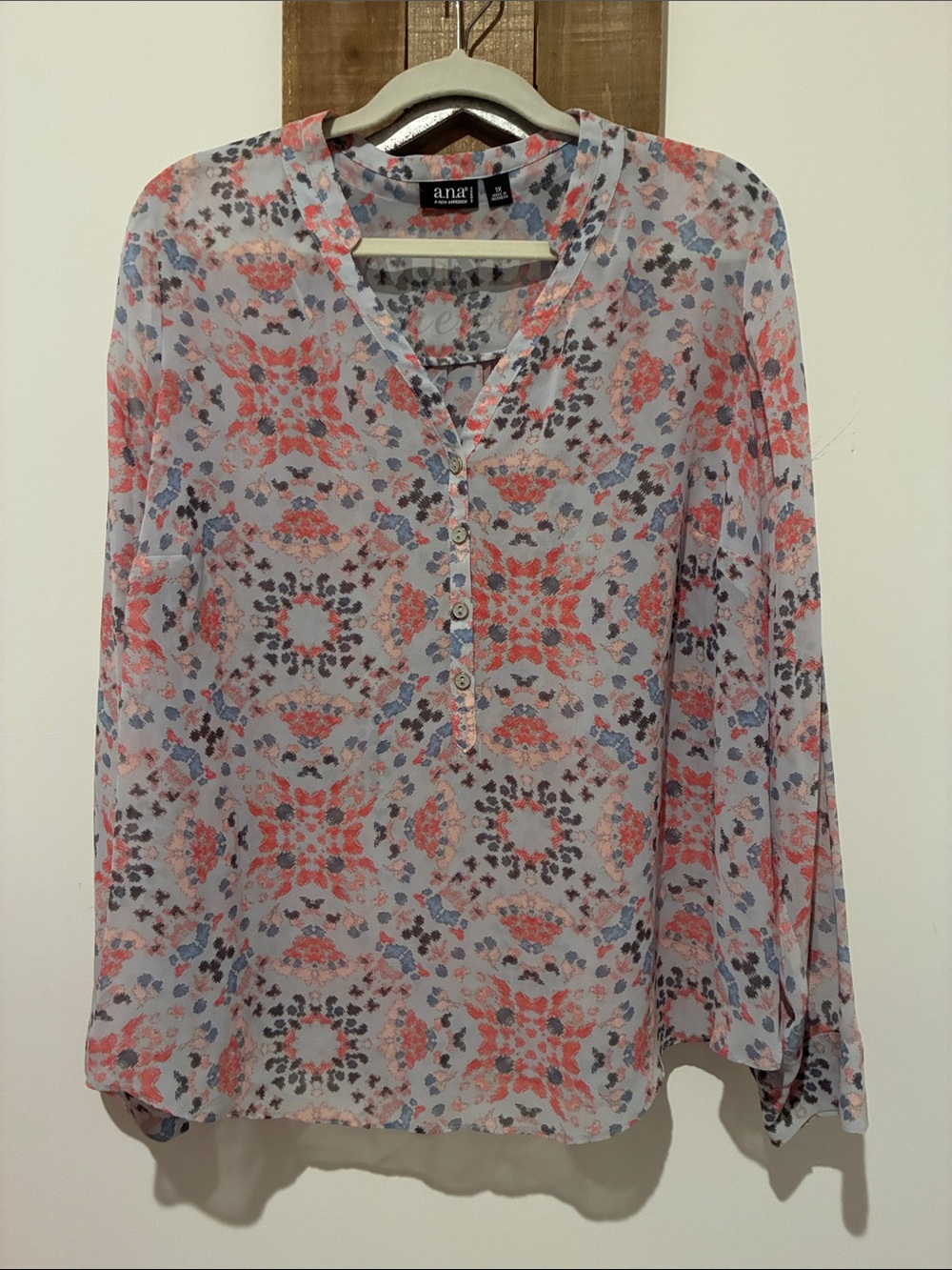 a.n.a Coral and Blue Patterned Henley Blouse